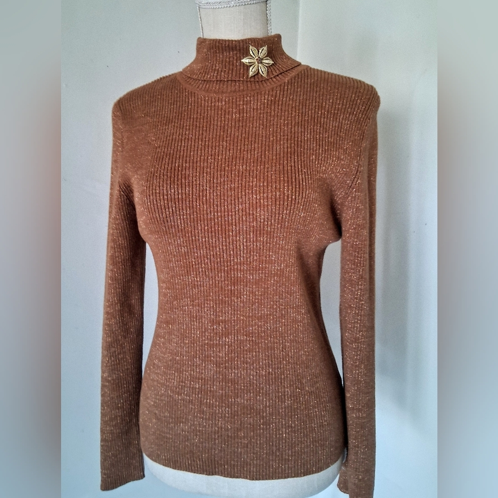 Vintage Mountain Lake Sweater - Turtleneck Metallic Caramel Brown